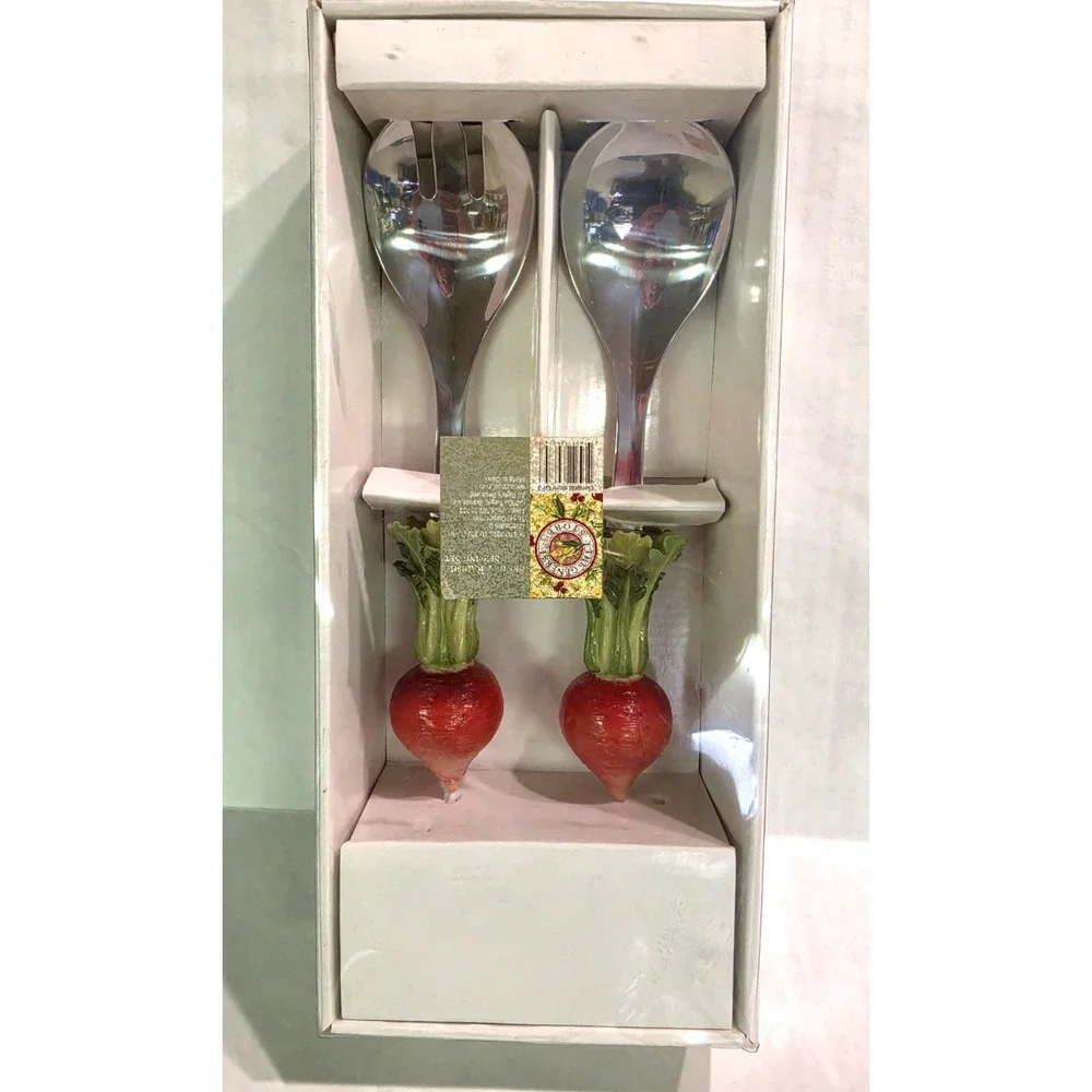 Vintage Radish Ceramic Handle Salad Serving Set Stainless Steel 2pc